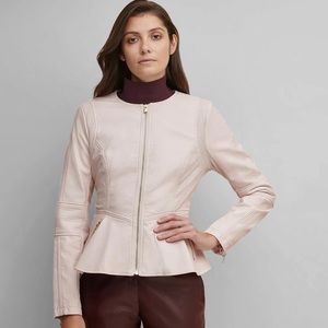 GUESS Peplum Faux Leather Jacket - Pink